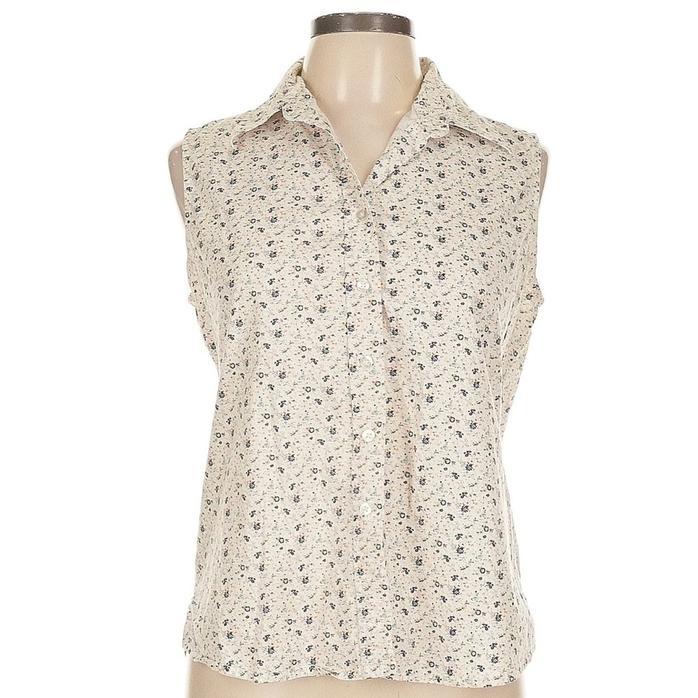 Cream Floral Sleeveless Button Down Blouse with Notched Collar